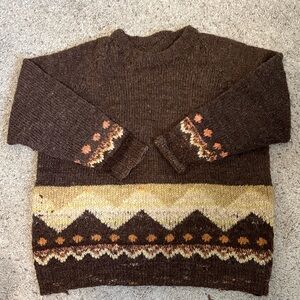 HandKnit Wool Unisex Nordic Style Brown Sweater w/ Gold and Burnt Orange Pattern